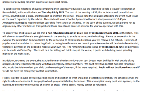 Year 11 Leavers Celebration Letter