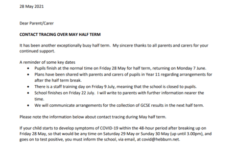 Letter to Parents - Contact Tracing over May Half Term 28.5.2021