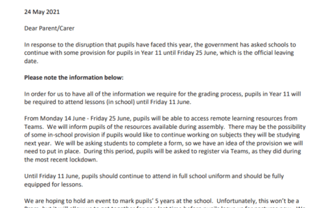 Year 11 Leaving Date Letter 24.5.2021