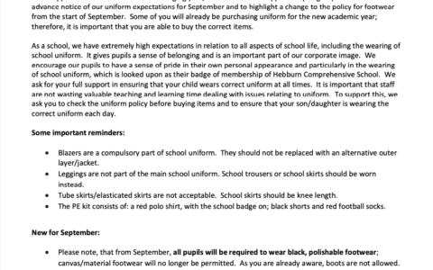 Uniform and Equipment for September 2021