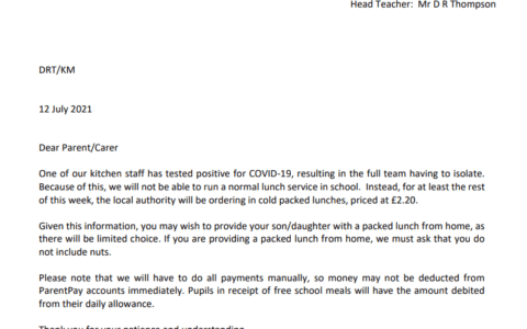 Letter to Parents - Positive Kitchen Staff 12.7.2021