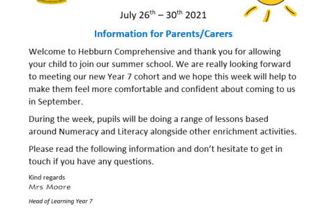 Information for Parents/Carers who have children attending Summer School 19.7.21