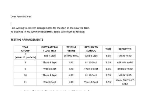 Letter to Parents - Confirming Start of Term Arrangements