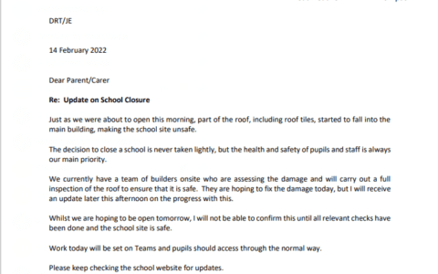 School Closure Letter 14.2.22