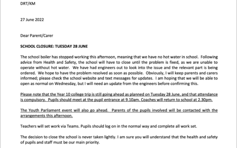 Letter to Parents - School Closure 27.6.2022