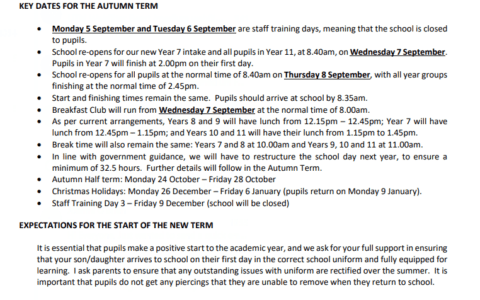 Letter to Parents - Information for September