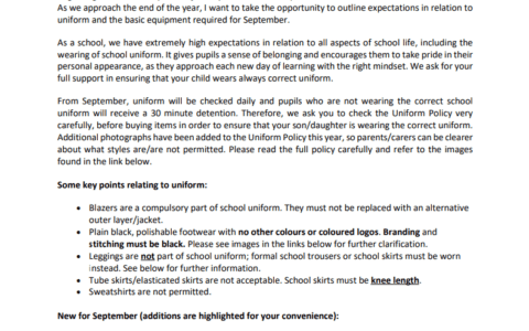 Year 7 Uniform Letter 19.7.22
