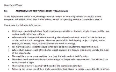 ARRANGEMENTS FOR YEAR 11 FROM FRIDAY 26 MAY