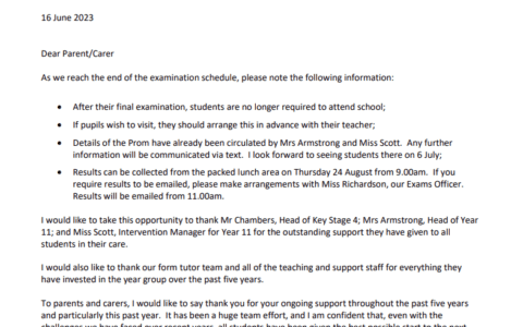 Letter to Parents of Year 11 Leavers 2023